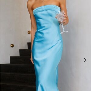 Blue satin strapless wedding guest dress